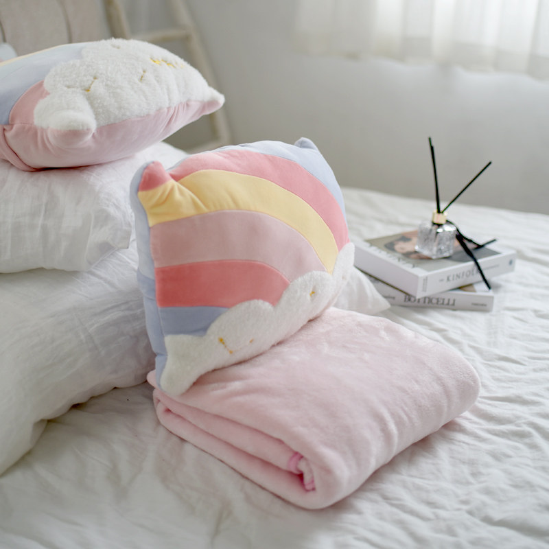 天空彩虹马卡龙抱枕毯子二合一珊瑚绒毛毯沙发汽车办公室靠枕靠垫