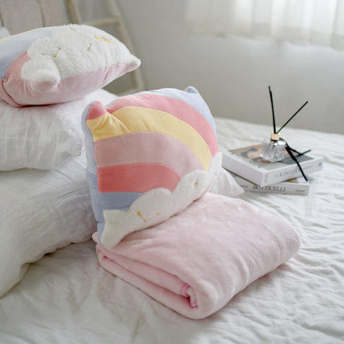 天空彩虹马卡龙抱枕毯子二合一珊瑚绒毛毯沙发汽车办公室靠枕靠垫
