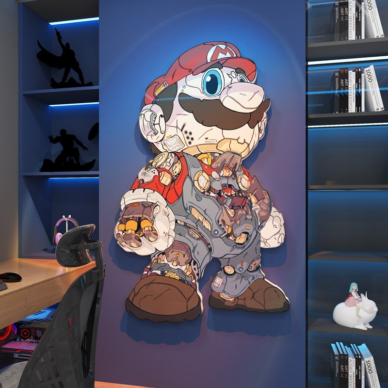 马里奥电竞屋脑房间墙面装饰画儿童区男孩卧室床R头遮丑布置墙贴