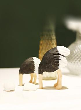 鹿妖商店 埋头鸵鸟 实木桌面摆件 纯手工动物木雕 视错觉艺术家居