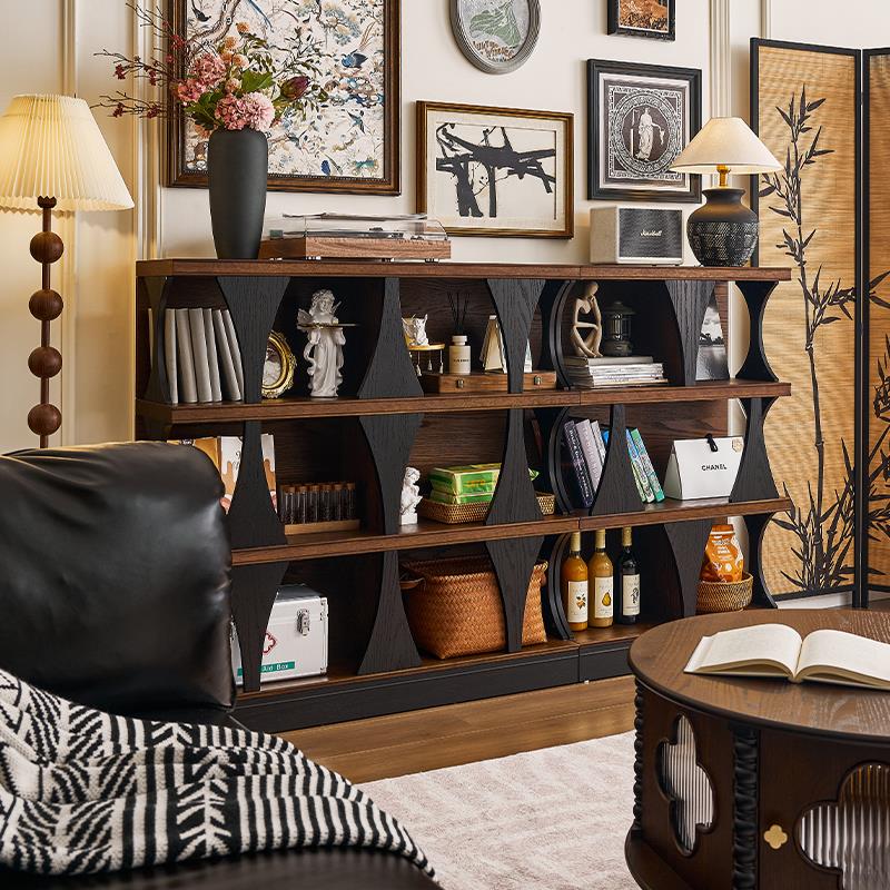 法式覆古实木展示柜组合客厅落地多层书柜置物架中古风家用展示柜