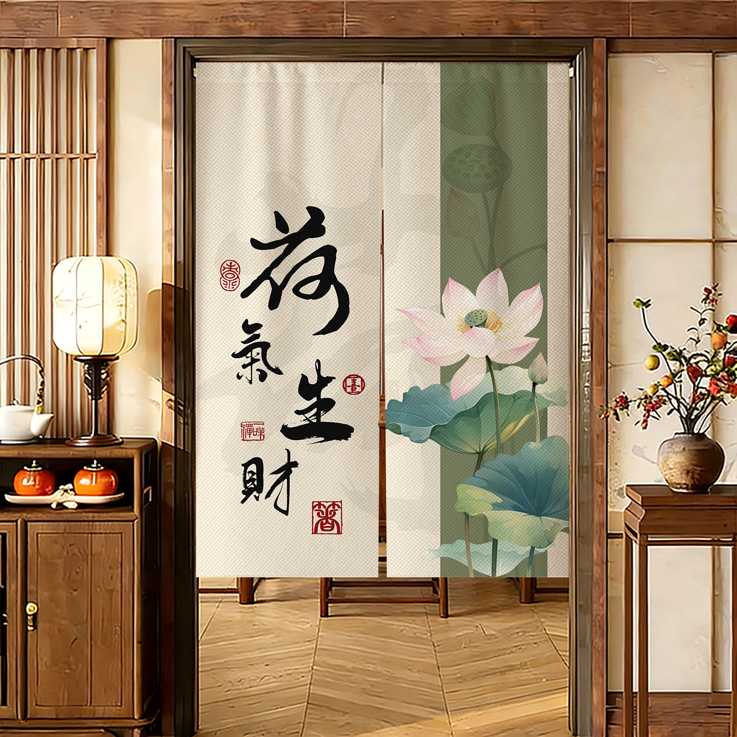 中式荷花门帘隔断窗家用卧室房间隐私遮挡帘防油烟布帘免打孔半帘