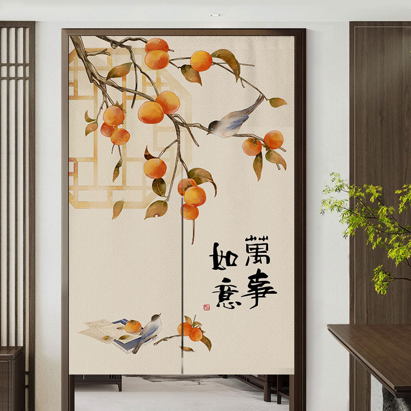 中式家用遮挡门帘卧室卫生间隐私隔断帘厨房防油烟布帘免打孔半帘