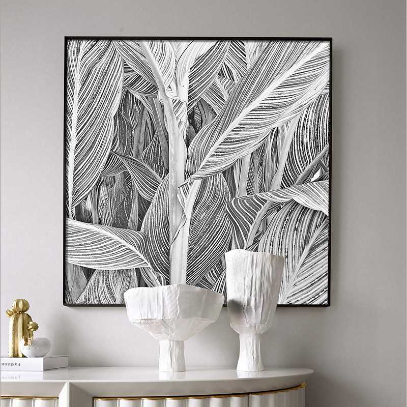 现代简约植物树叶装饰画抽象黑白线条客厅挂画餐厅样板间艺术壁画图片