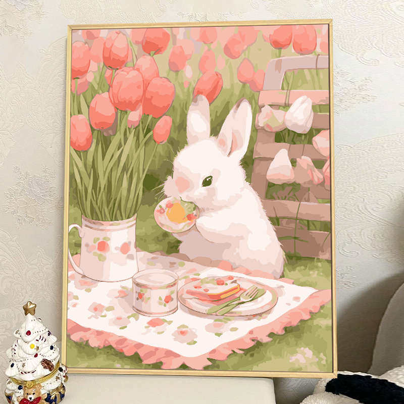 田园风可爱小兔子数字油画diy填充涂色手工手绘兔兔丙烯装饰挂画