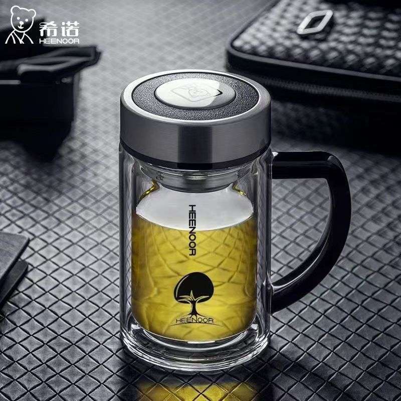 希诺6720-1双层玻璃杯带把手大容量杯子过滤办公室家用泡茶杯便携