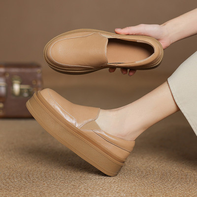 真皮一脚蹬乐福鞋女2025新款春季百搭厚底平底懒人鞋休闲圆头单鞋