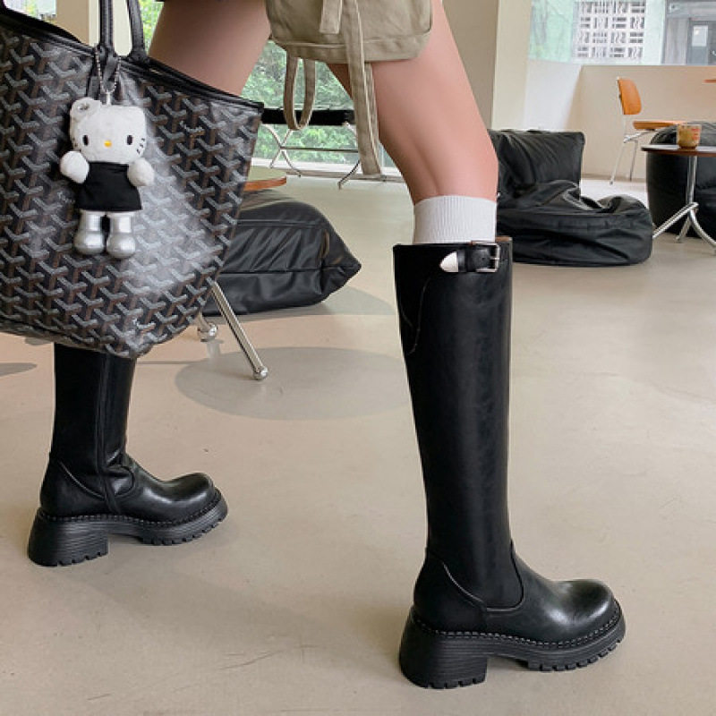 真皮美式甜酷皮带扣骑士靴小个子增高厚底侧拉链显瘦高筒时装靴女