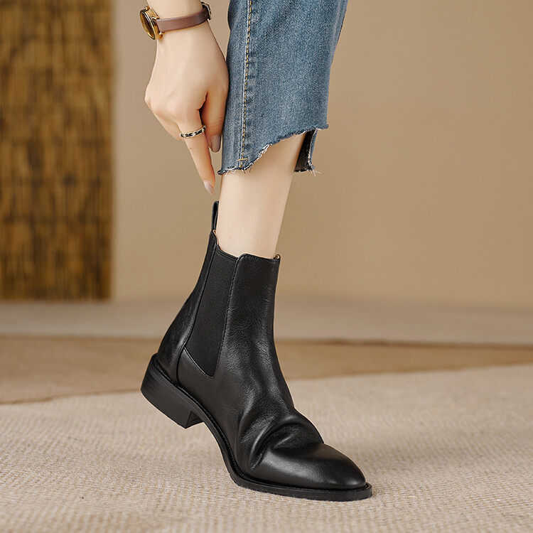 新款切尔西靴圆头高帮休闲英伦复古女靴牛皮bai搭短靴一脚蹬马丁