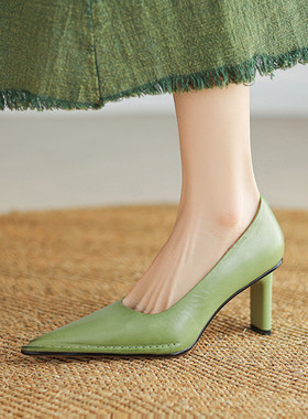 巨好看~手工女鞋真皮牛皮单鞋女紫色绿色尖头洋气高跟鞋粗跟百搭
