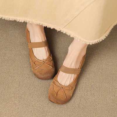 美拉德复古圆头内增高浅口单鞋芭蕾风蝴蝶结松紧带玛丽珍小皮鞋女