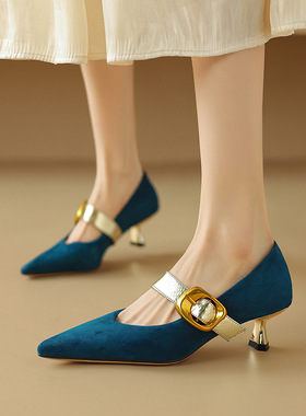 巨好穿时尚法式单鞋女尖头中跟高跟细跟真皮蓝色气质绿色玛丽珍鞋