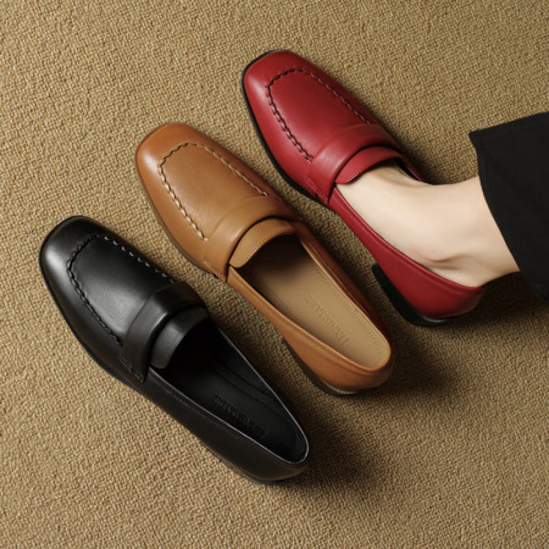 3.5cm~新款真皮单鞋女中跟小皮鞋复古百搭一脚蹬英伦风乐福鞋