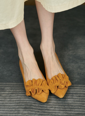 超柔软~真皮尖头褶皱单鞋女2023新款磨砂黄色低跟奶奶鞋一件代发