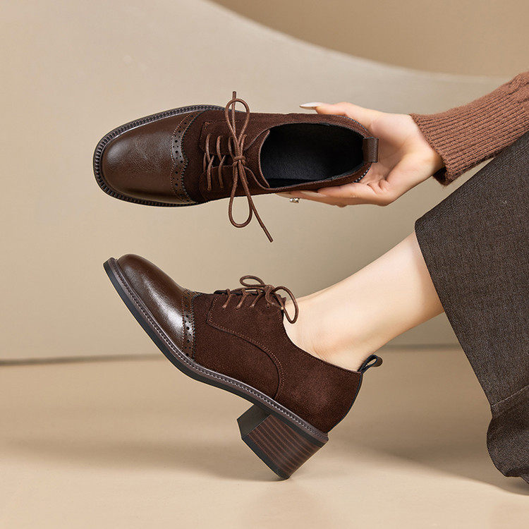 复古真皮棕色系带小皮鞋女英伦布洛克鞋粗跟深口单鞋乐福鞋不累脚