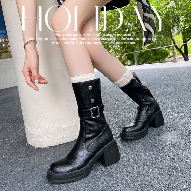 潮流皮带扣侧拉链粗跟骑士靴女2025秋冬新圆头气质高跟弹力中筒靴