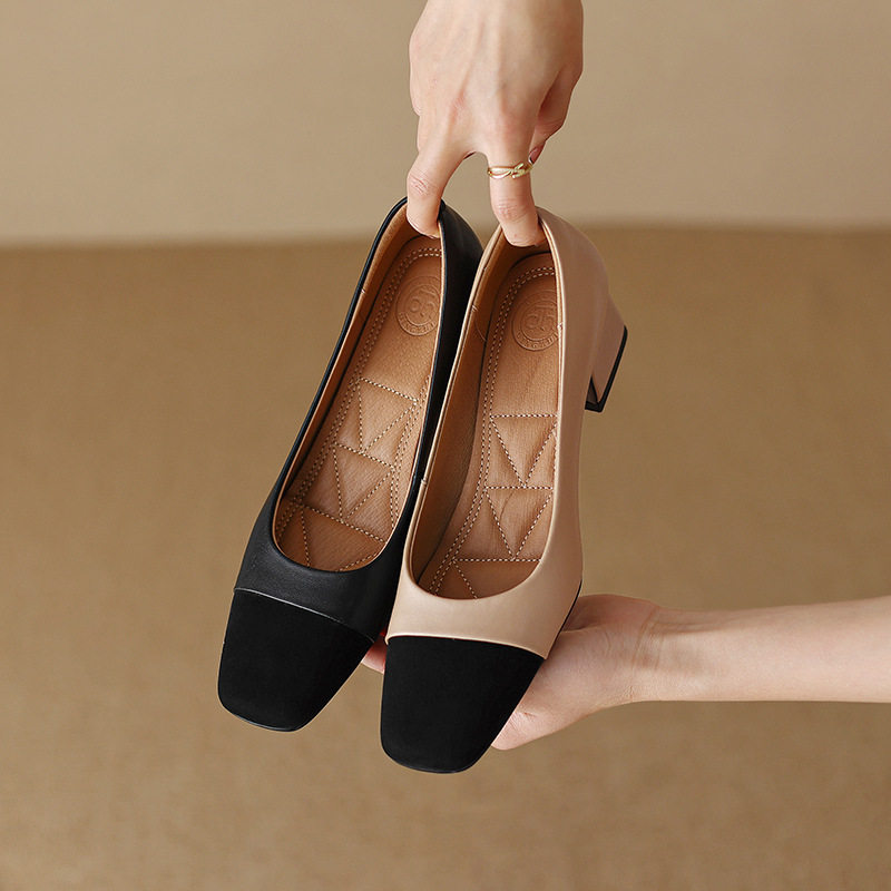 质感满满羊皮优雅通勤粗跟浅口单鞋2023春秋新款拼色韩版品质单鞋