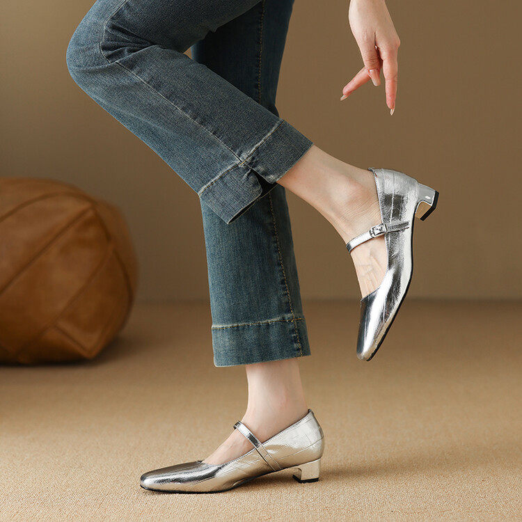 银色低跟舒适法式气质单鞋女春秋真皮粗跟方头一字带高跟玛丽珍鞋
