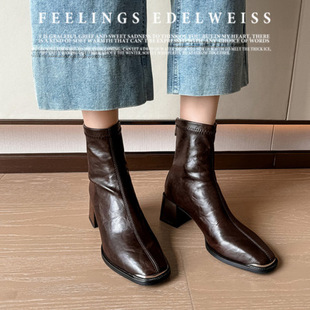 女士经久耐穿轻时尚 方头粗跟高跟弹力靴大气短筒短靴子 2025年新款