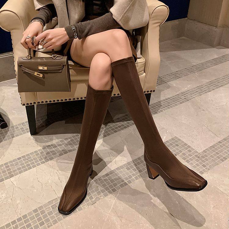 复古棕色长靴女真皮方头粗跟不过膝高筒靴显腿瘦瘦靴长筒靴骑士靴