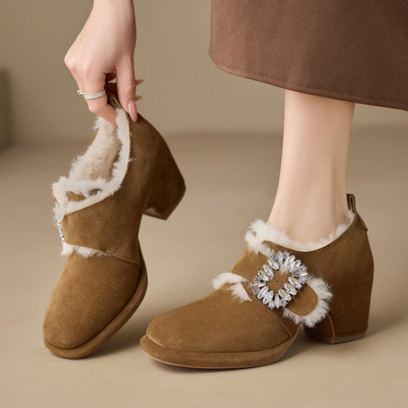 加绒保暖圆头防水台高跟鞋女粗跟真皮羊毛女士气质深口单鞋不累脚