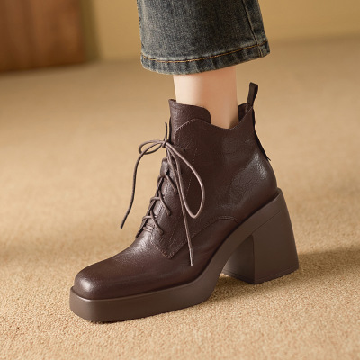 8.4cm厚底马丁靴女真皮粗跟瘦瘦靴2025年新款秋冬季高跟系带短靴