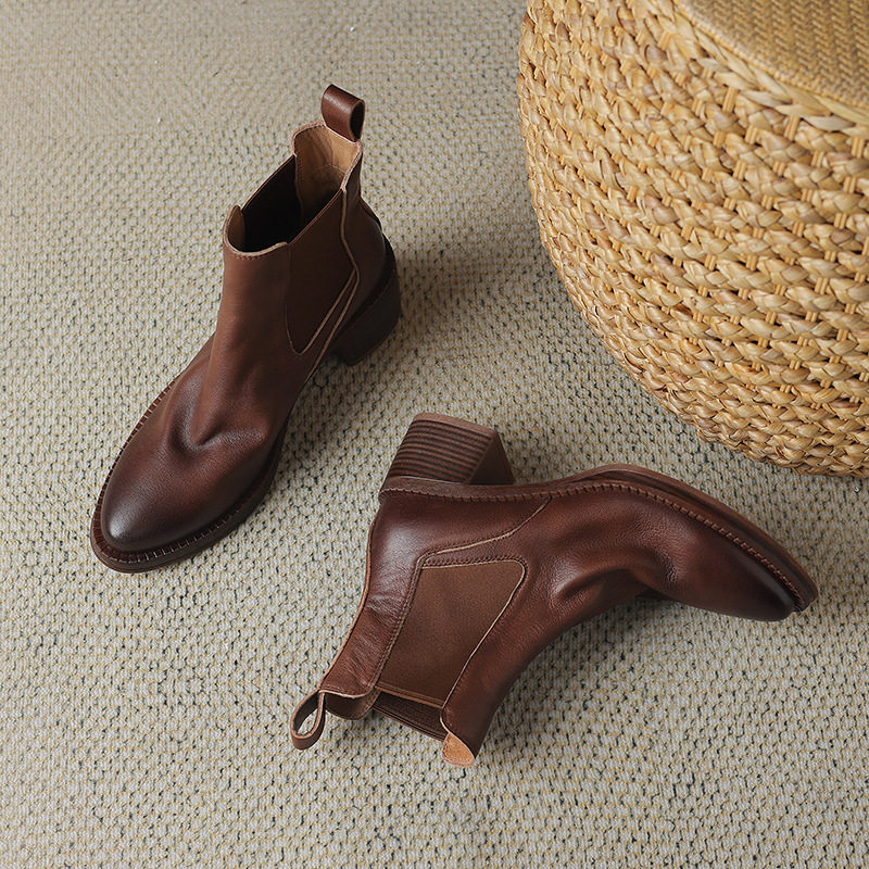 法式复古头层牛皮短靴2023秋冬新款真皮尖头粗跟套筒女靴中跟女鞋