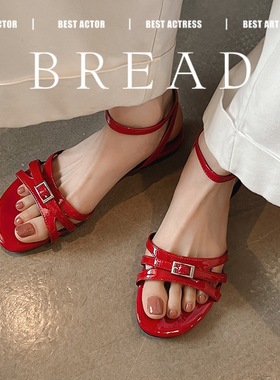 法式绝美不累脚红色小凉鞋女2025新款夏季百搭一字带红色平底女鞋