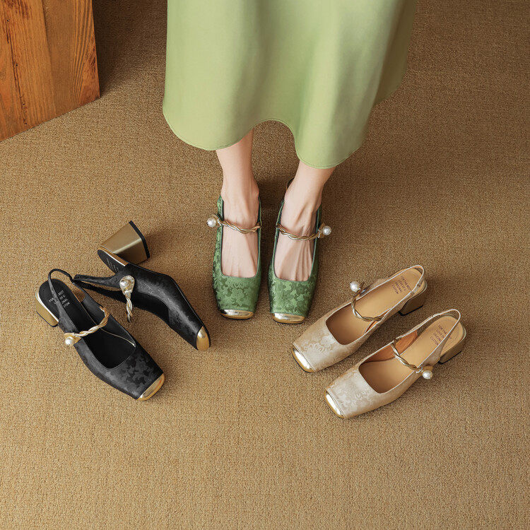 银色方头凉鞋绿色玛丽珍鞋粉色包头凉鞋粗跟后空高跟鞋真皮香槟色