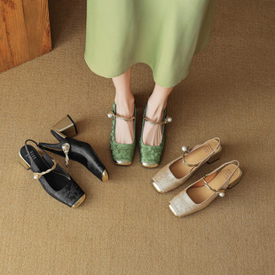 银色方头凉鞋绿色玛丽珍鞋粉色包头凉鞋粗跟后空高跟鞋真皮香槟色