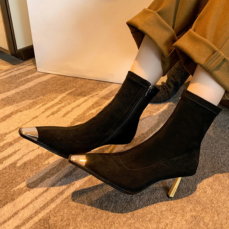 【玻璃之城】小众设计感金属铁头细跟短靴女2023年新款高跟瘦瘦靴