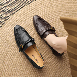 巨舒服软小羊皮法式绝美加绒单鞋秋冬新款真皮乐福鞋粗跟女鞋子