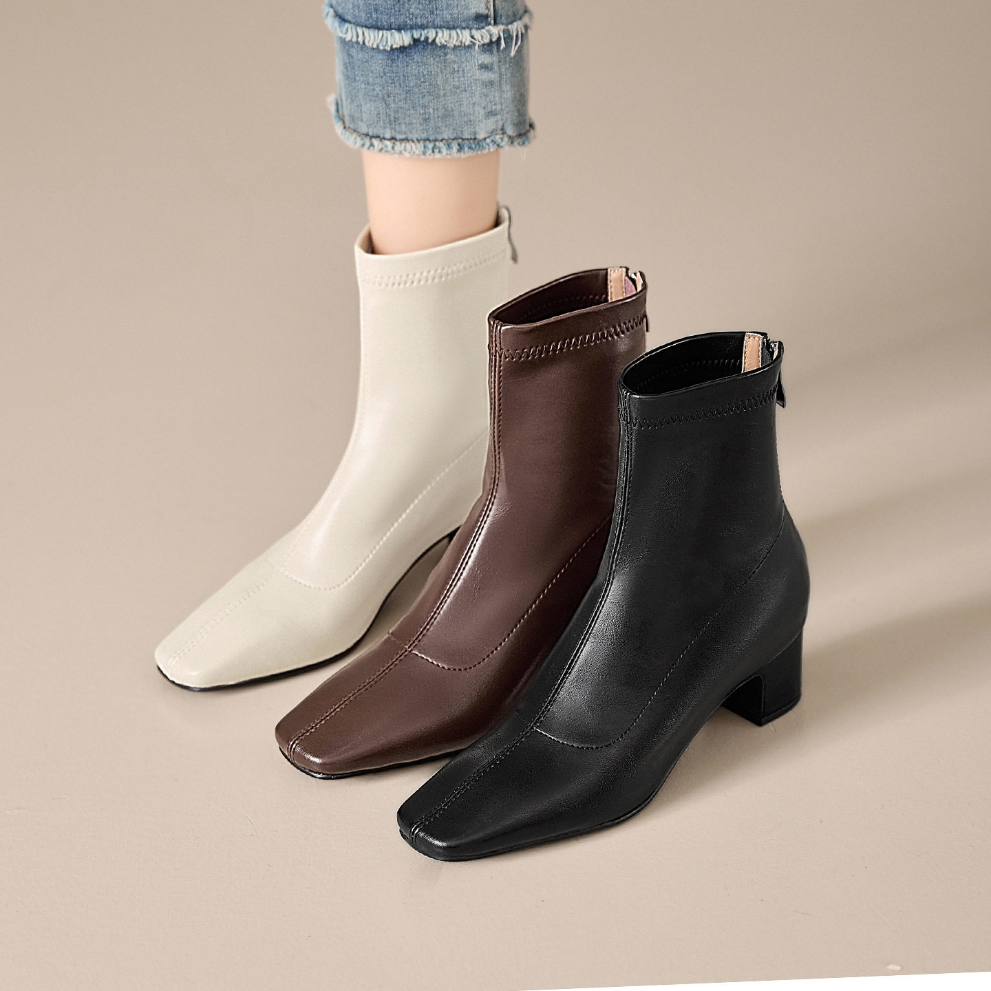 不累脚女靴~5cm粗跟短靴女方头弹力瘦瘦靴舒适百搭后拉链短筒靴子