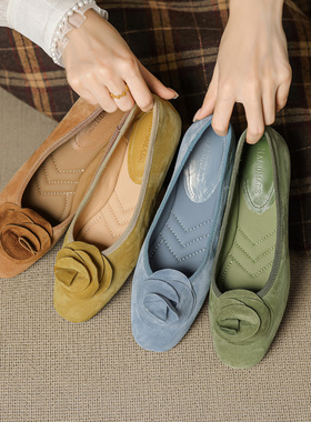 复古绿色羊皮花朵浅口单鞋女2025新款春夏气质配裙子真皮平底瓢鞋