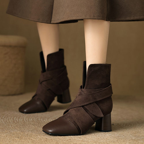 成都猫哥手工女鞋~6cm高跟复古拼接方头靴子女2024秋冬季新款粗跟