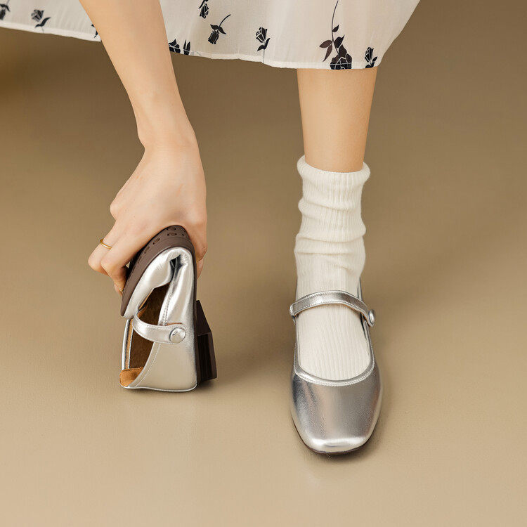 时尚玛丽珍银色一字带搭扣浅口方头平底单鞋女2024新款芭蕾鞋凉鞋