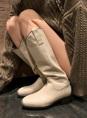 FairyWink C位出道～！美式复古西部靴女中筒骑士靴粗跟v口长靴