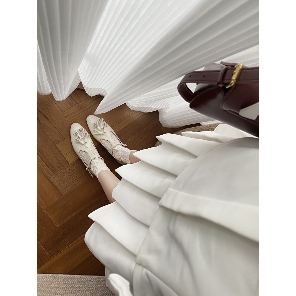 巨软~森女系米白色流苏T字带平底