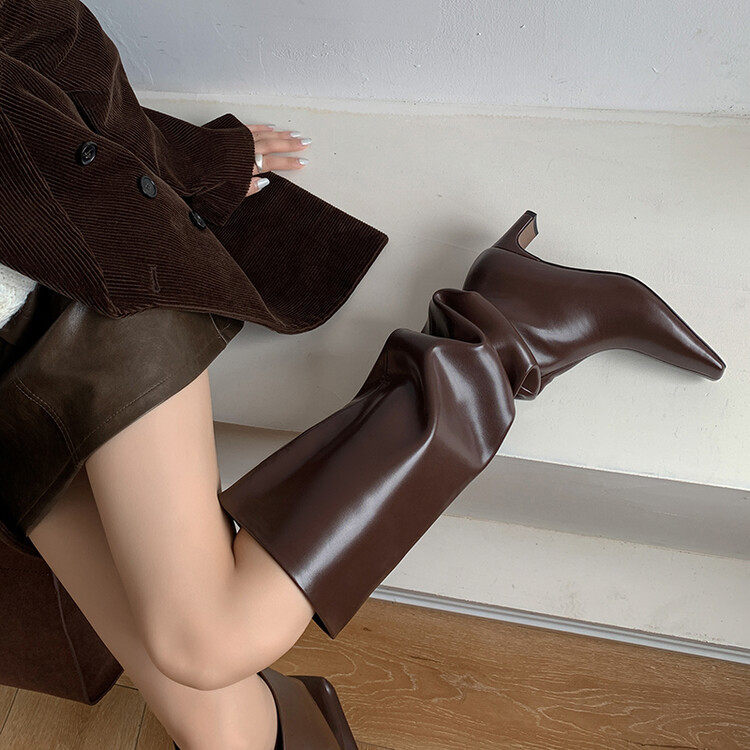 真皮法式方头异型跟大筒围显瘦堆堆靴欧美慵懒风简约随性过膝长靴,户外/登山/野营/旅行用品,登山鞋/徒步鞋,淘宝优惠券,粉丝福利购,淘宝优惠卷