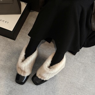 2025秋冬季新款真皮靴子方头粗跟中跟短靴翻折大毛毛宽口矮靴女靴