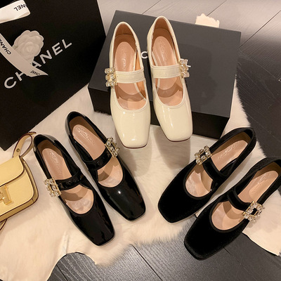 春季新品玛丽珍鞋女皮鞋里外全皮纯色水钻口方头浅口粗中跟单鞋女