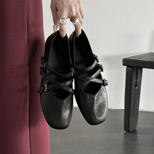 珍妮公主～！法式方头交叉带芭蕾舞鞋女平底玛丽珍单鞋女款