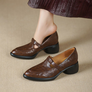 2025新款真皮复古软羊皮厚底粗跟单鞋女高跟鞋不累脚配裙子好看