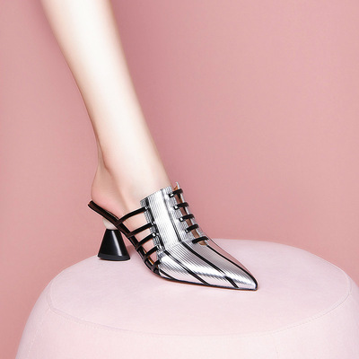玥莱雅~鞋子女2023年新款爆款全皮气质女鞋春夏季尖头浅口银色粗