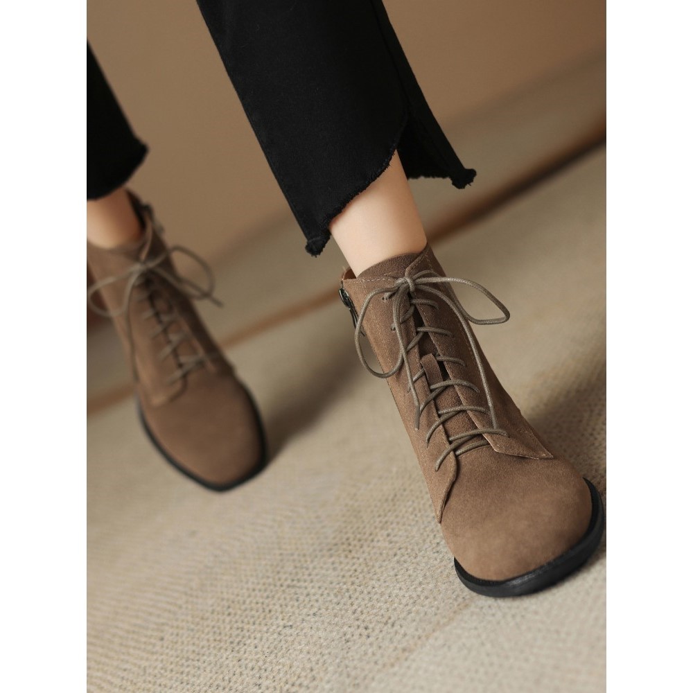 英伦风复古磨砂牛翻皮系带机车短