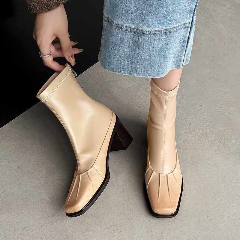 6.5cm中跟粗跟方头弹力靴女英伦风擦色头层牛皮短靴秋冬加绒女靴