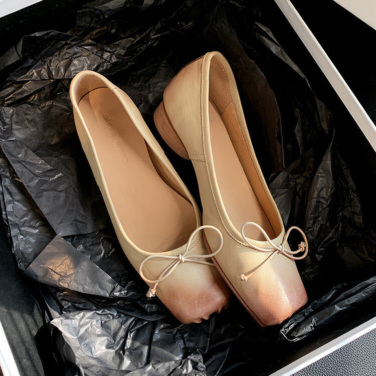 法式少女！猪鼻做旧方头蝴蝶结粗跟单鞋气质复古芭蕾鞋女