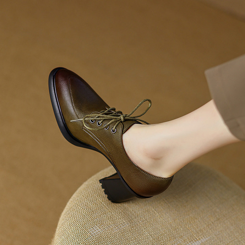 英伦风绑带粗跟单鞋2023春季新款女鞋牛皮深口高跟鞋简约低帮鞋