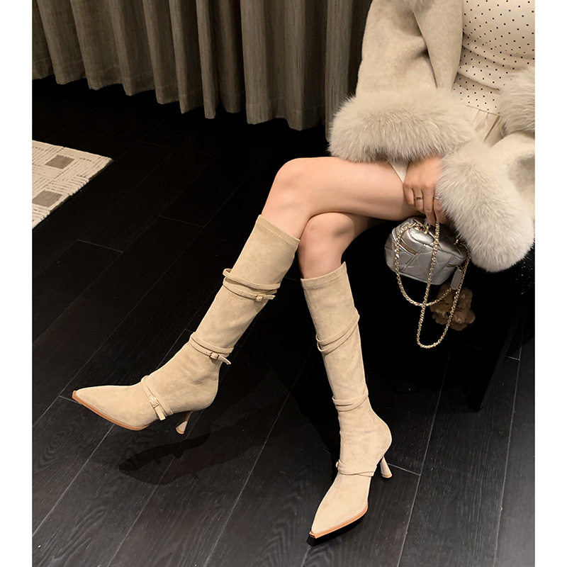 轻奢优雅！名媛风~气质性感尖头后拉链高跟细跟长筒靴瘦瘦长靴女