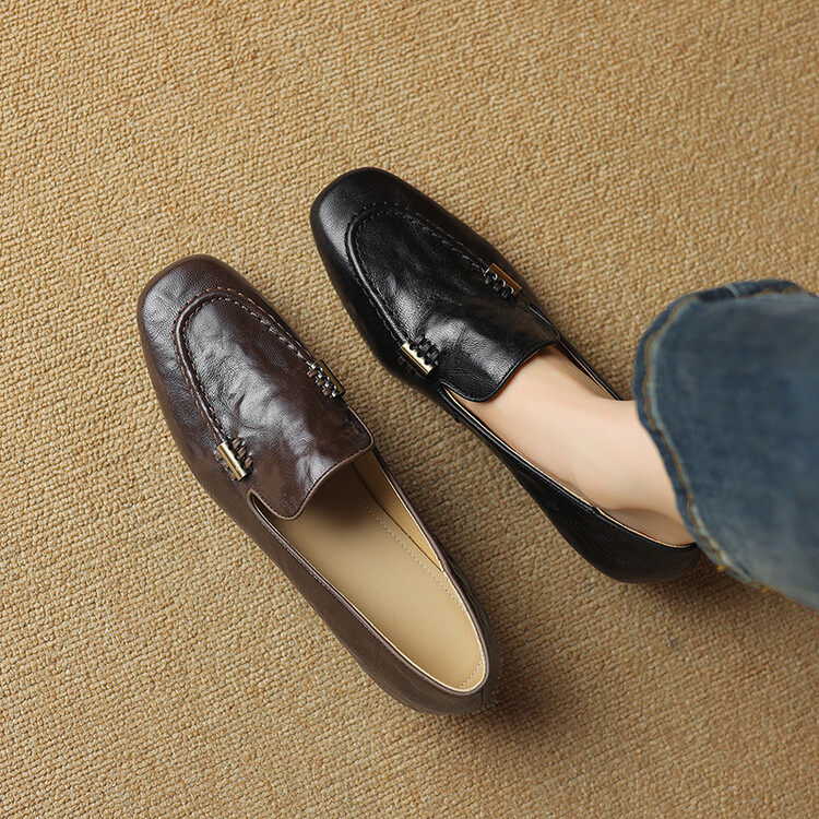 舒适~方头复古粗跟英伦乐福鞋女2024春秋新款一脚蹬bai搭小皮鞋